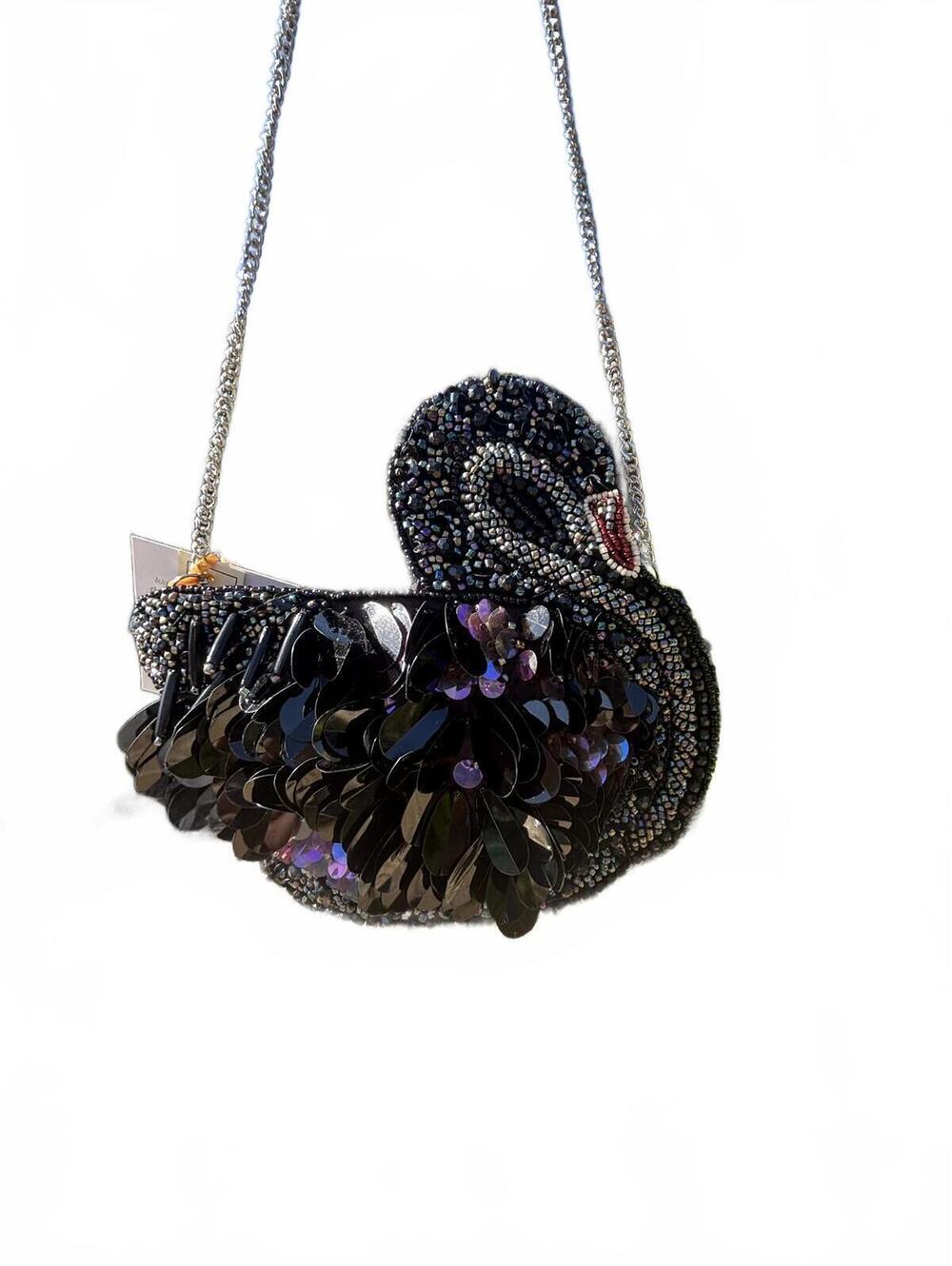 From India to You Black Beaded Swan Evening Bag with Chain Strap NWT